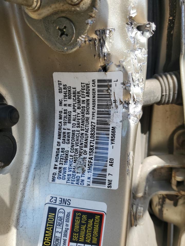 2007 Honda Civic Ex VIN: 1HGFA158X7L083927 Lot: 80061685