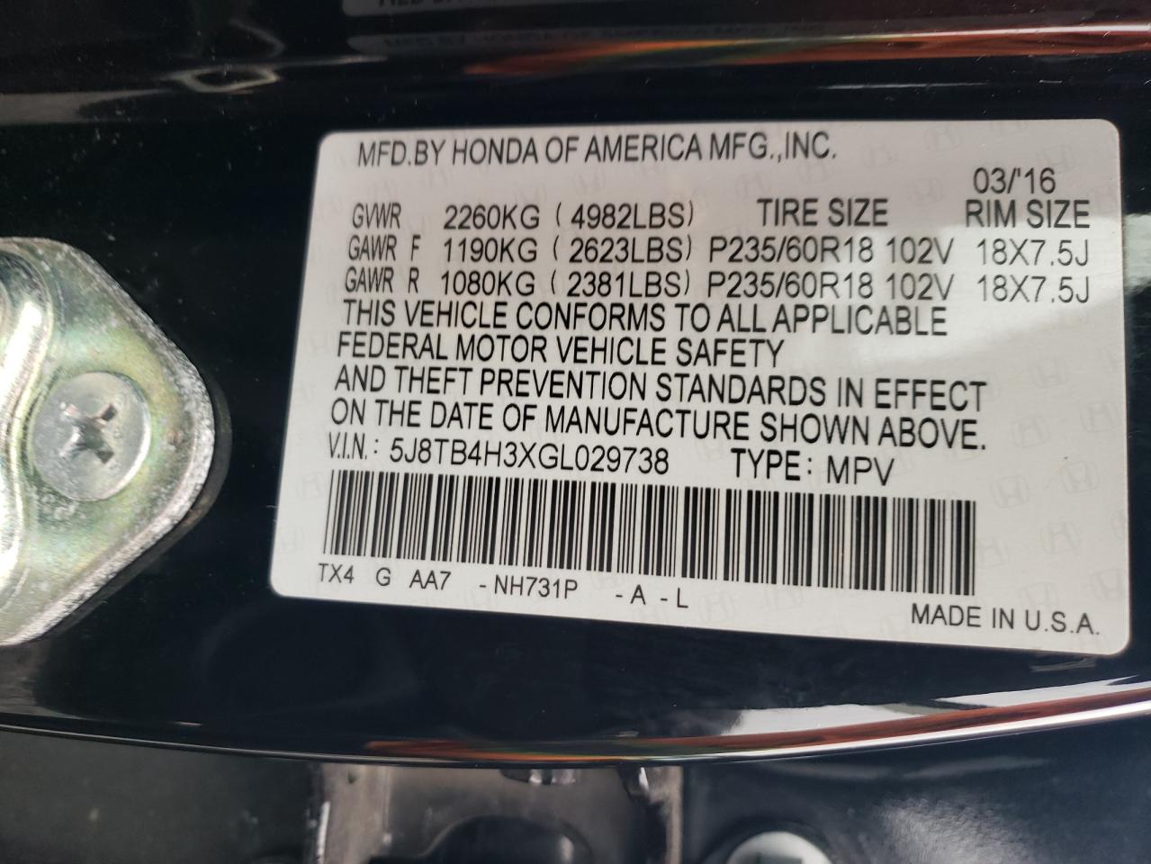 2016 Acura Rdx VIN: 5J8TB4H3XGL029738 Lot: 83982405