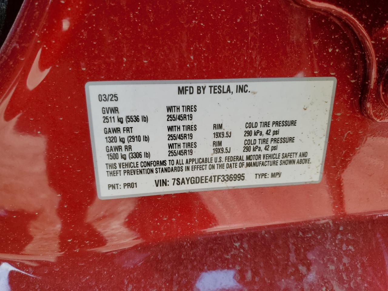 2026 Tesla Model Y VIN: 7SAYGDEE4TF336995 Lot: 72006815