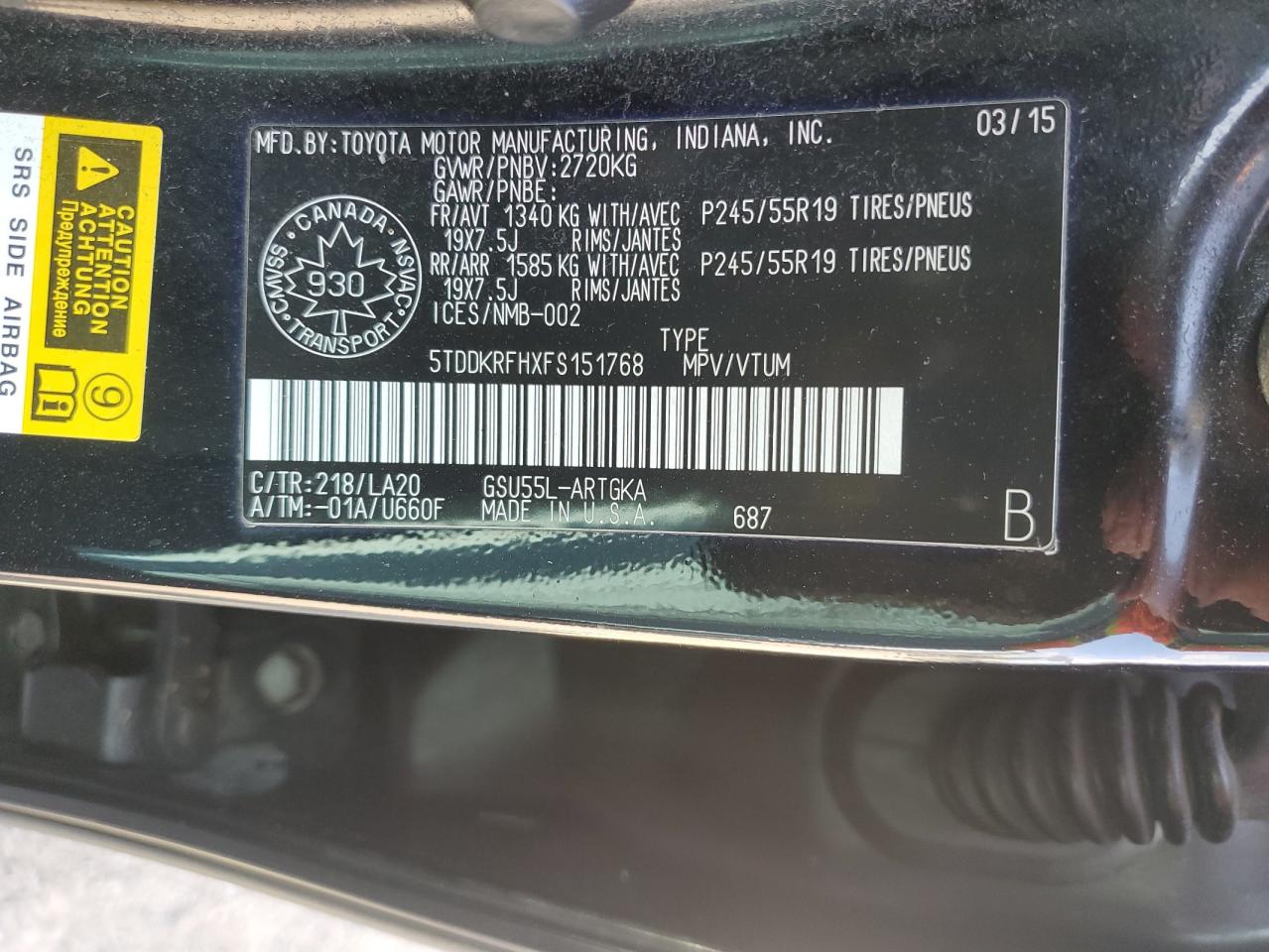 2015 Toyota Highlander Limited VIN: 5TDDKRFHXFS151768 Lot: 80718995