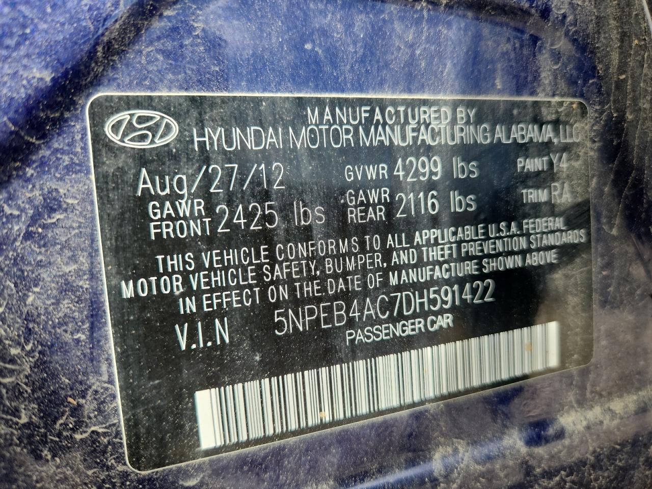 2013 Hyundai Sonata Gls VIN: 5NPEB4AC7DH591422 Lot: 72020045