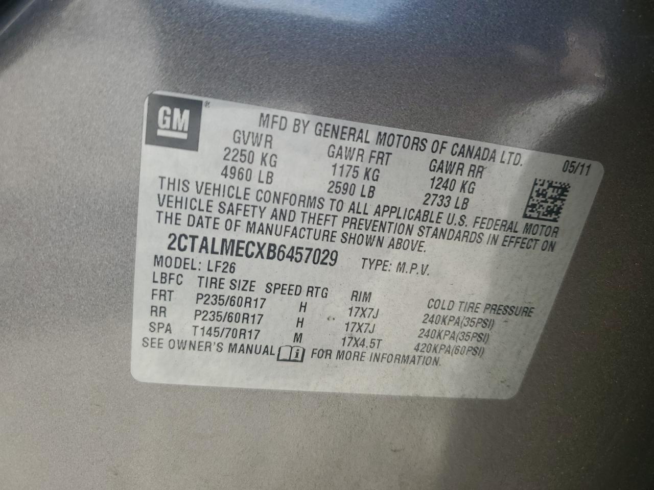 2011 GMC Terrain Sle VIN: 2CTALMECXB6457029 Lot: 81196255