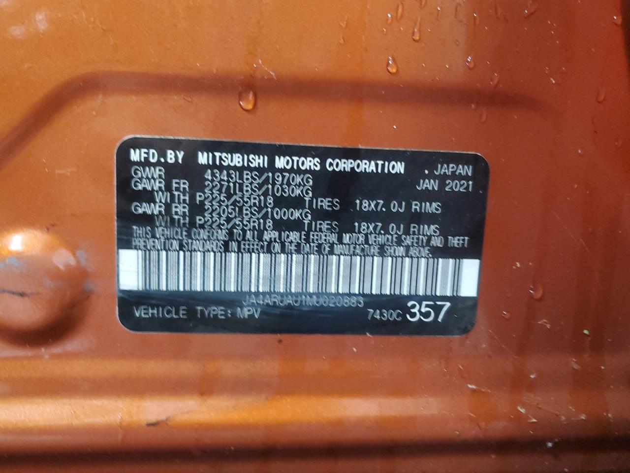 2021 Mitsubishi Outlander Sport Es VIN: JA4ARUAU1MU020883 Lot: 82144405