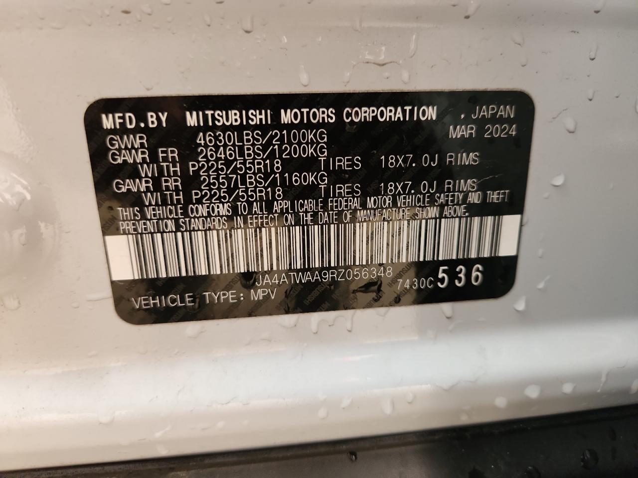 2024 Mitsubishi Eclipse Cross Se VIN: JA4ATWAA9RZ056348 Lot: 84250225