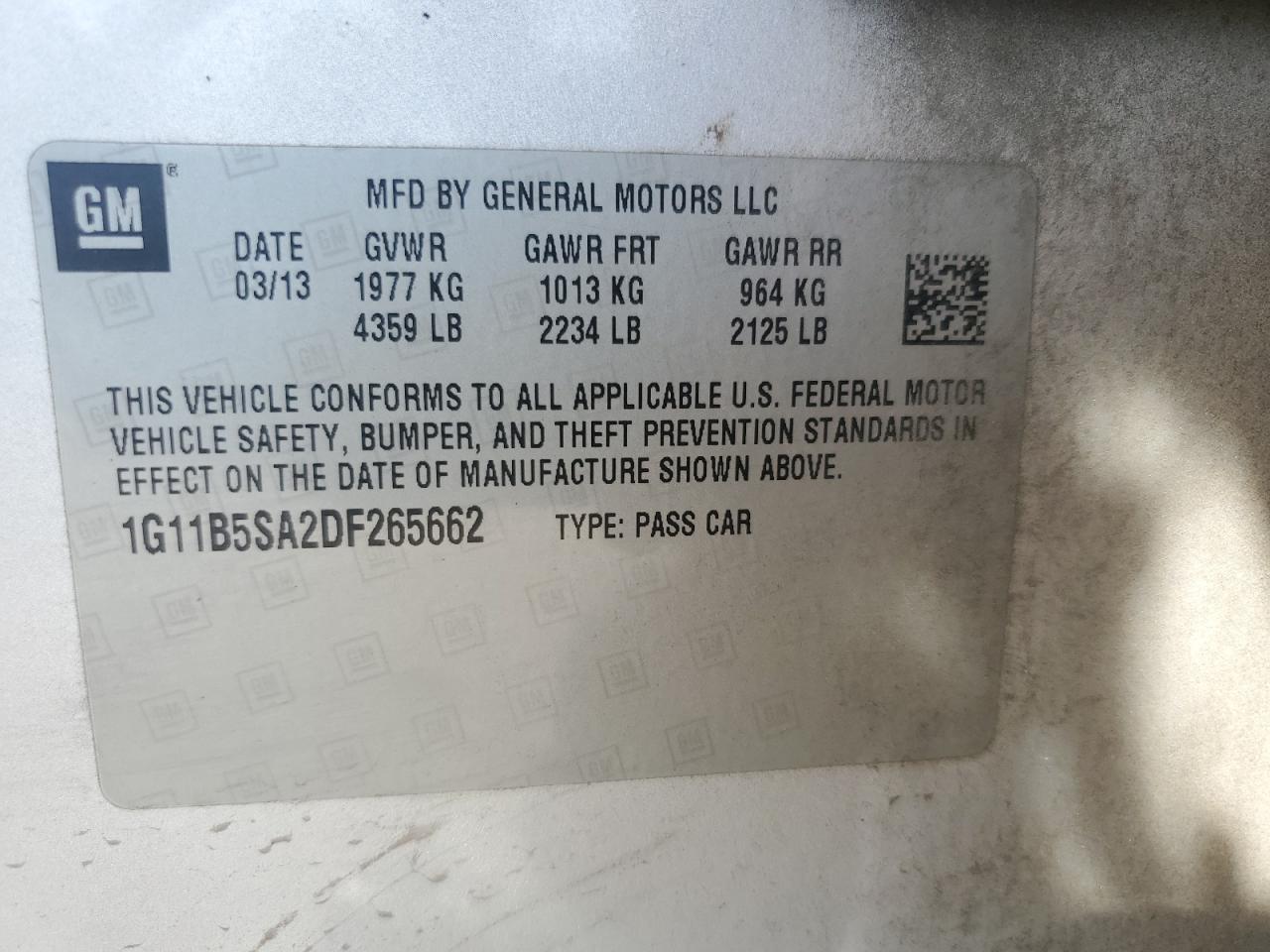 2013 Chevrolet Malibu VIN: 1G11B5SA2DF265662 Lot: 81026905