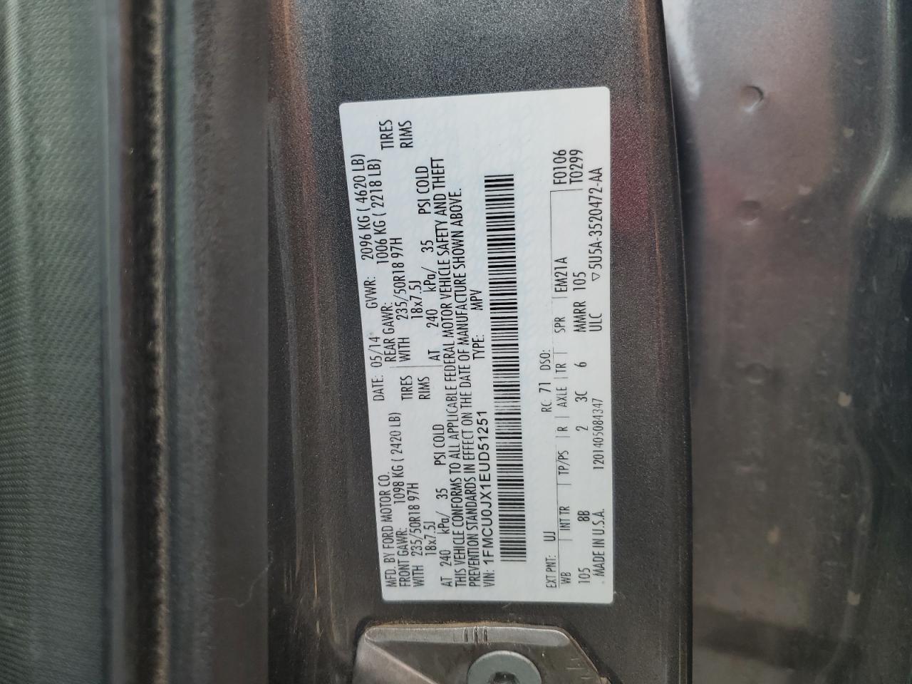 2014 Ford Escape Titanium VIN: 1FMCU0JX1EUD51251 Lot: 81108805