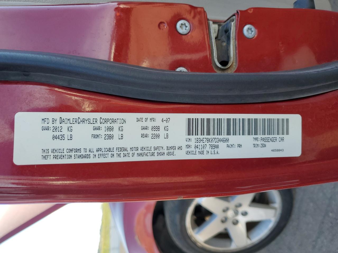 2007 Dodge Caliber R/T VIN: 1B3HE78K07D344600 Lot: 71455505