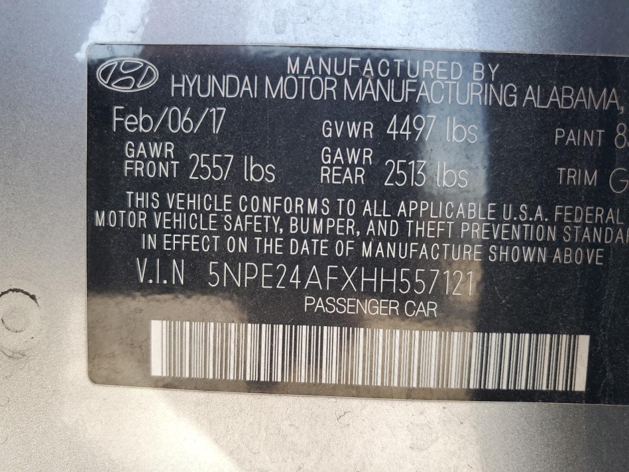 2017 Hyundai Sonata Se VIN: 5NPE24AFXHH557121 Lot: 80742545