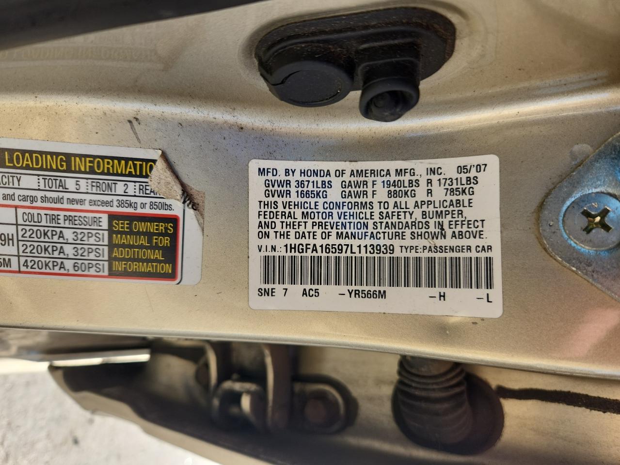 2007 Honda Civic Lx VIN: 1HGFA16597L113939 Lot: 81844215