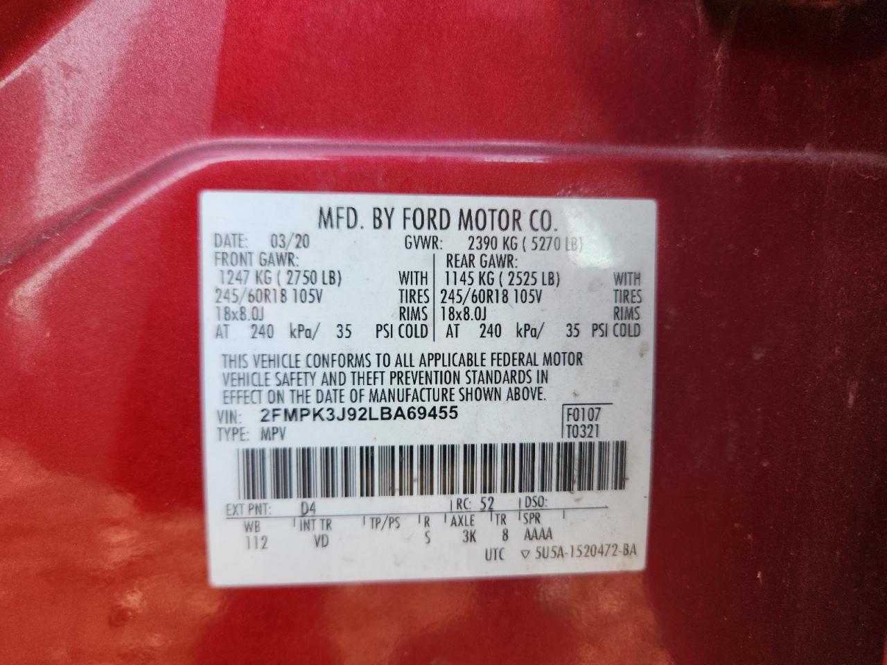 2020 Ford Edge Sel VIN: 2FMPK3J92LBA69455 Lot: 81459605