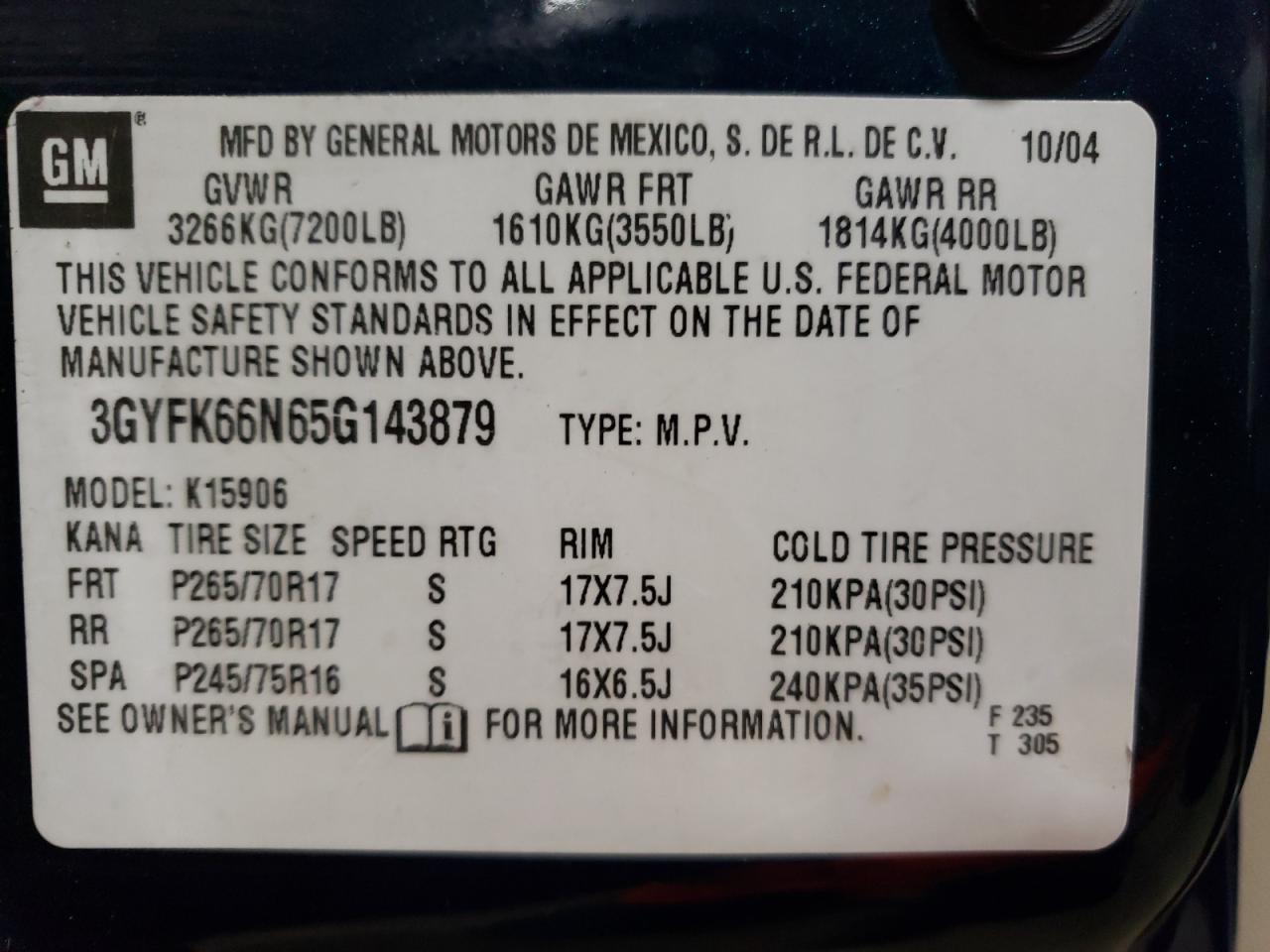 2005 Cadillac Escalade Esv VIN: 3GYFK66N65G143879 Lot: 81721405