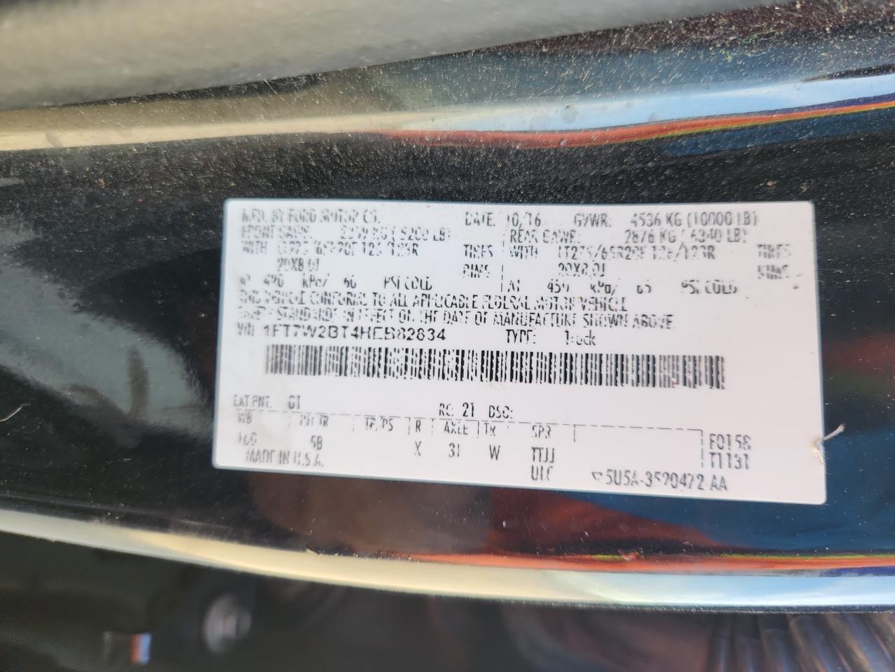 2017 Ford F250 Super Duty VIN: 1FT7W2BT4HEB82834 Lot: 81944405