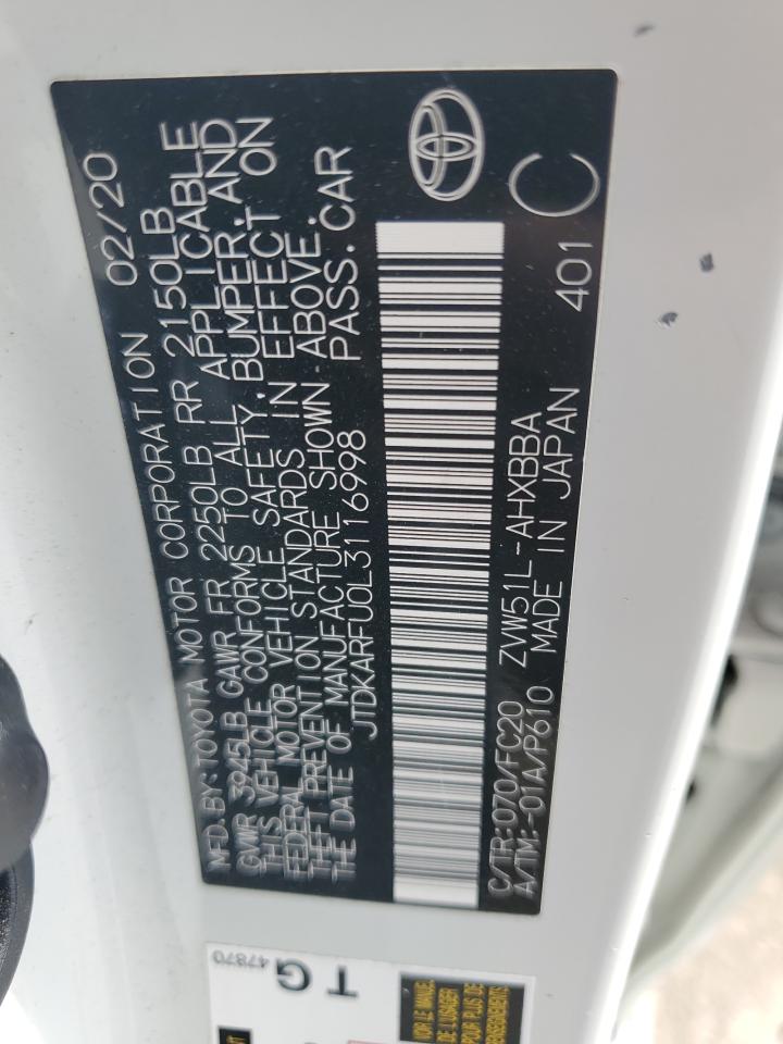 2020 Toyota Prius L VIN: JTDKARFU0L3116998 Lot: 84644405