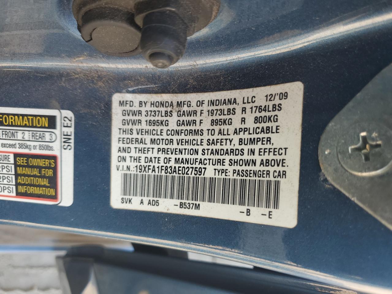 2010 Honda Civic Ex VIN: 19XFA1F83AE027597 Lot: 81119595