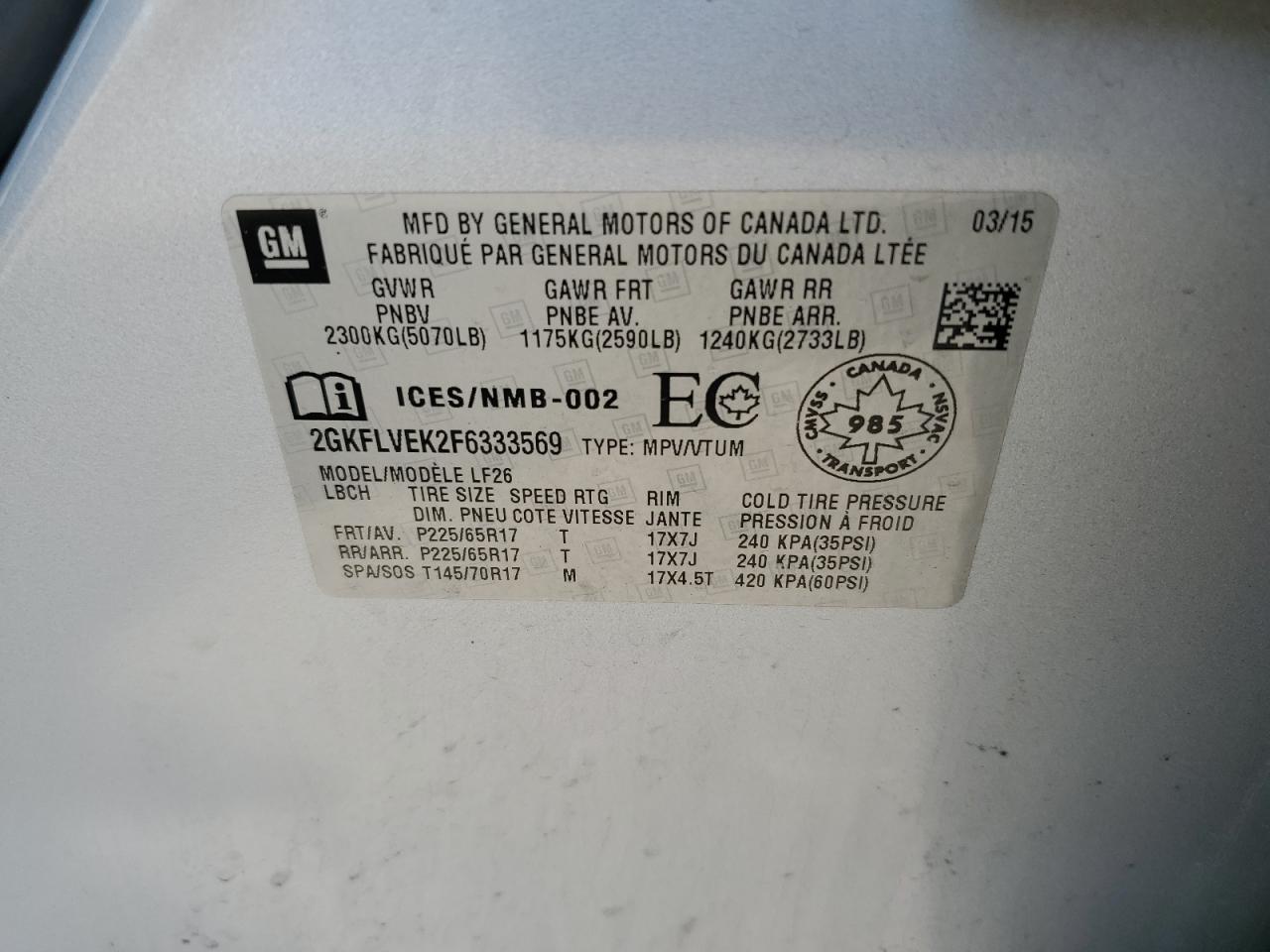 2015 GMC Terrain Sle VIN: 2GKFLVEK2F6333569 Lot: 81099995