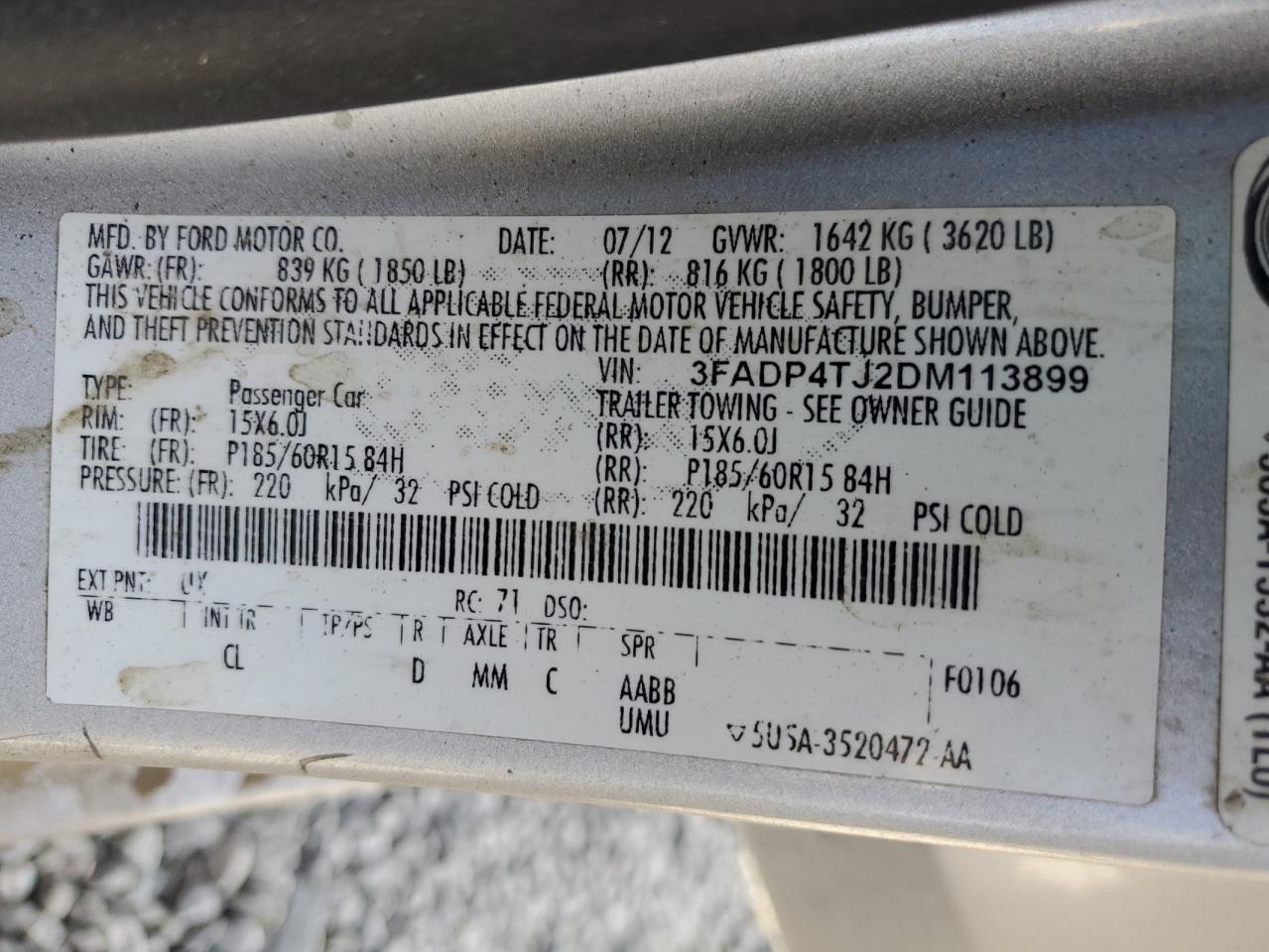 2013 Ford Fiesta S VIN: 3FADP4TJ2DM113899 Lot: 80876335
