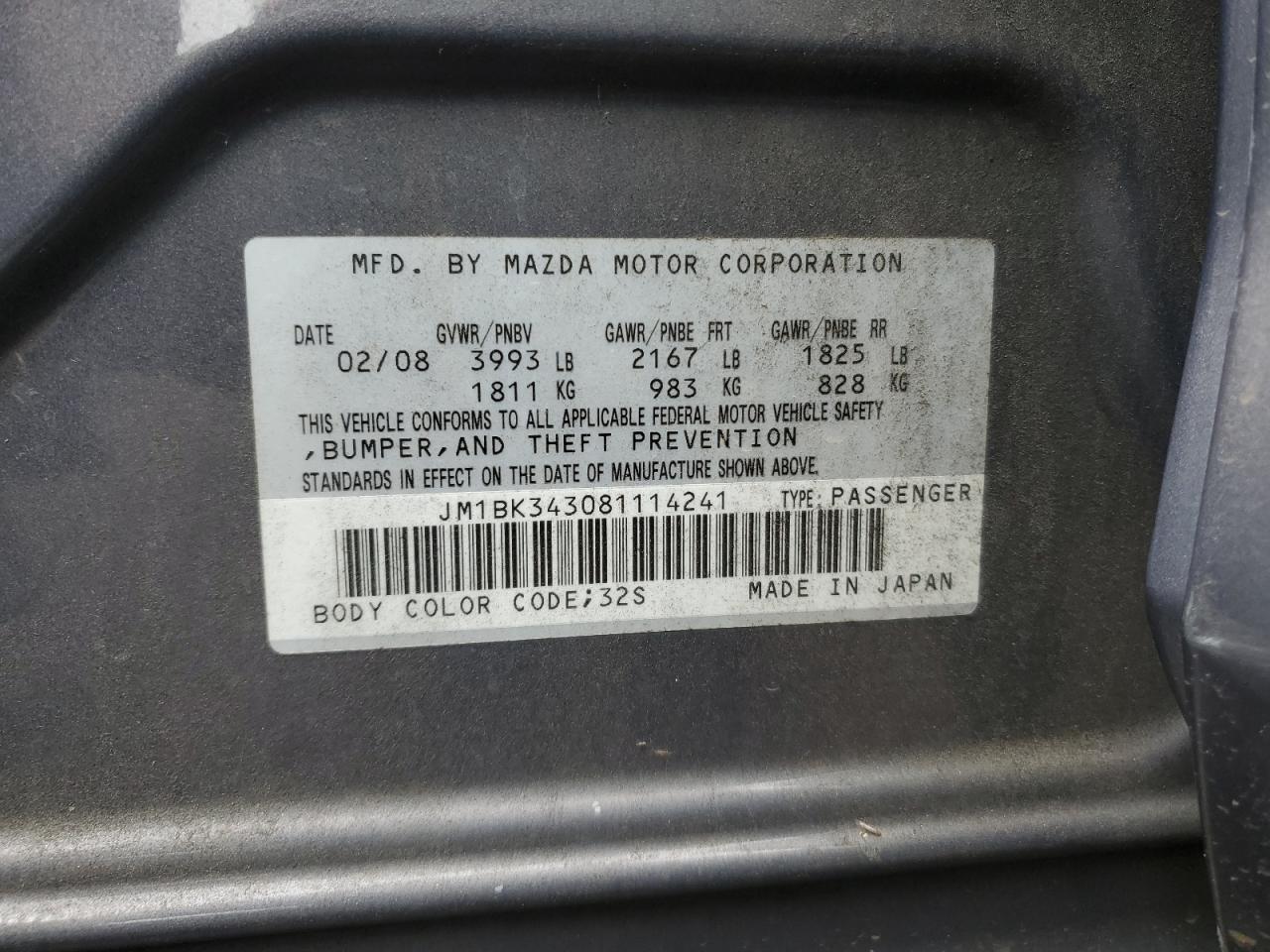 2008 Mazda 3 Hatchback VIN: JM1BK343081114241 Lot: 81974875