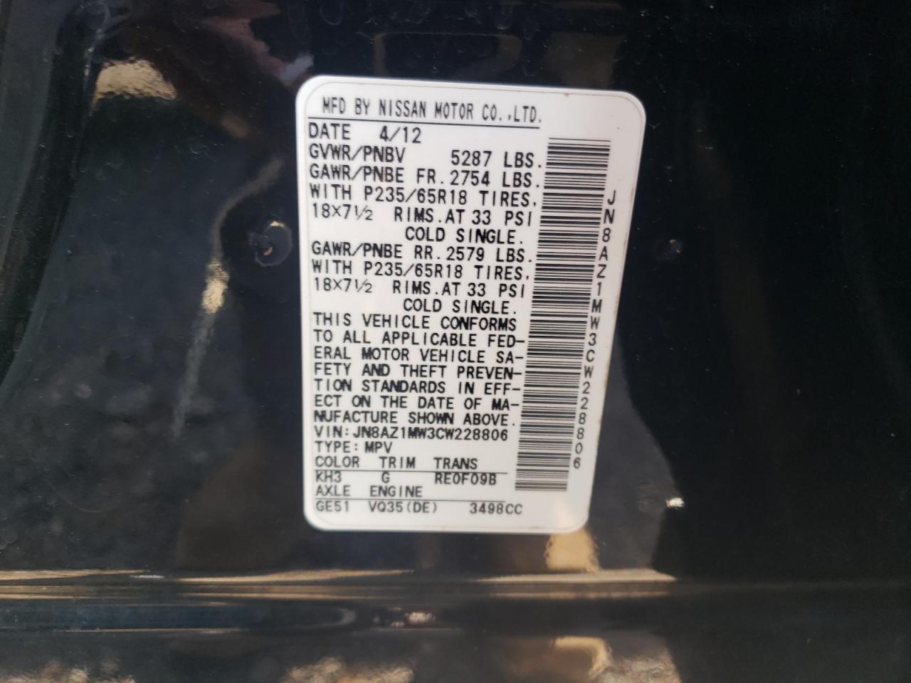 2012 Nissan Murano S VIN: JN8AZ1MW3CW228806 Lot: 80540565