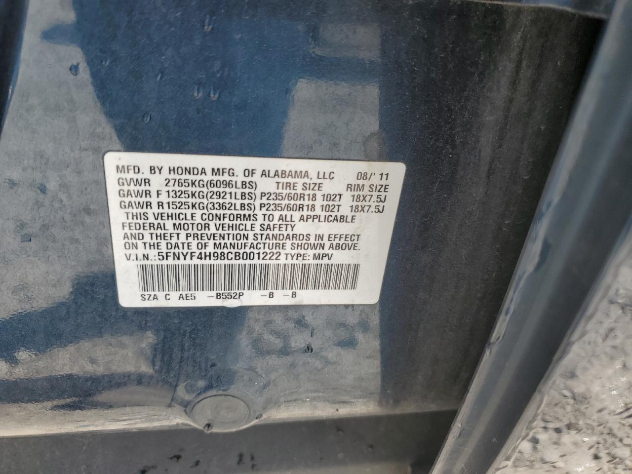 2012 Honda Pilot Touring VIN: 5FNYF4H98CB001222 Lot: 81254245
