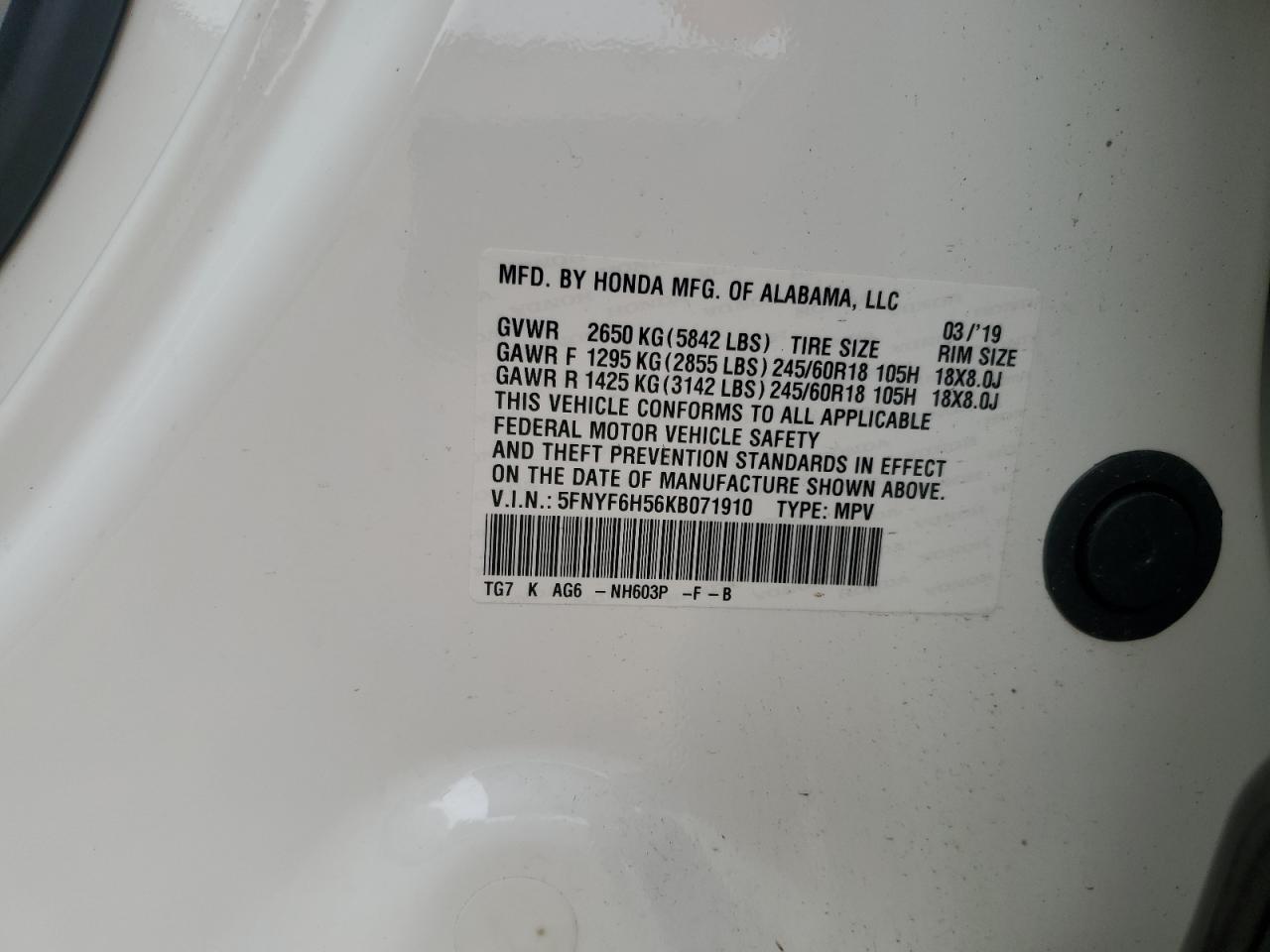 2019 Honda Pilot Exl VIN: 5FNYF6H56KB071910 Lot: 80306315