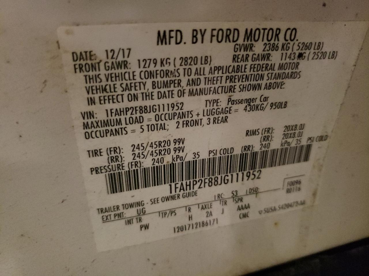 2018 Ford Taurus Limited VIN: 1FAHP2F88JG111952 Lot: 71861025