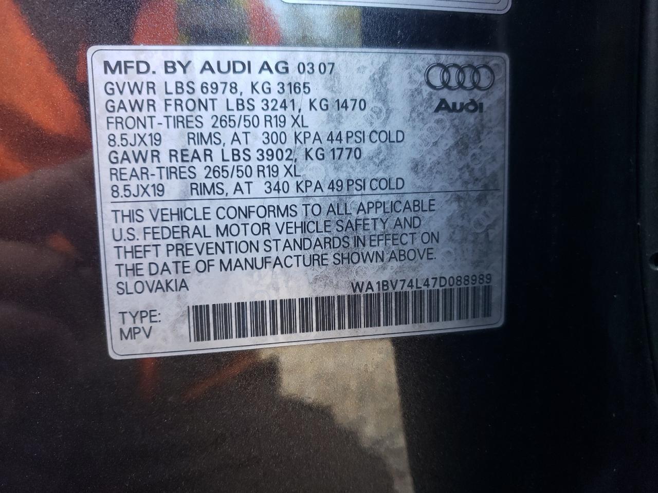 2007 Audi Q7 4.2 Quattro Premium VIN: WA1BV74L47D088989 Lot: 81415255