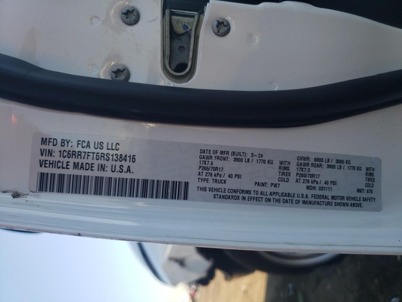 2024 Ram 1500 Classic Tradesman VIN: 1C6RR7FT6RS138416 Lot: 84440815