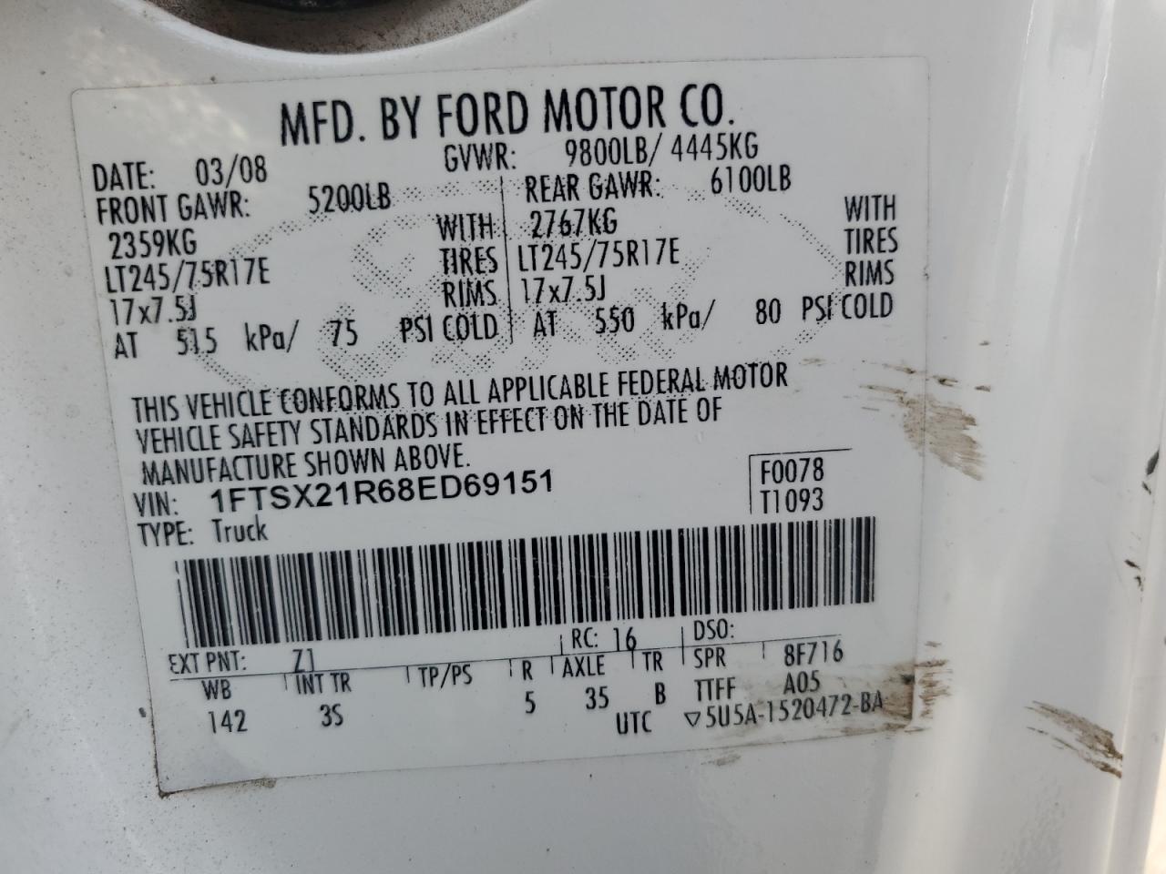 2008 Ford F250 Super Duty VIN: 1FTSX21R68ED69151 Lot: 80871835