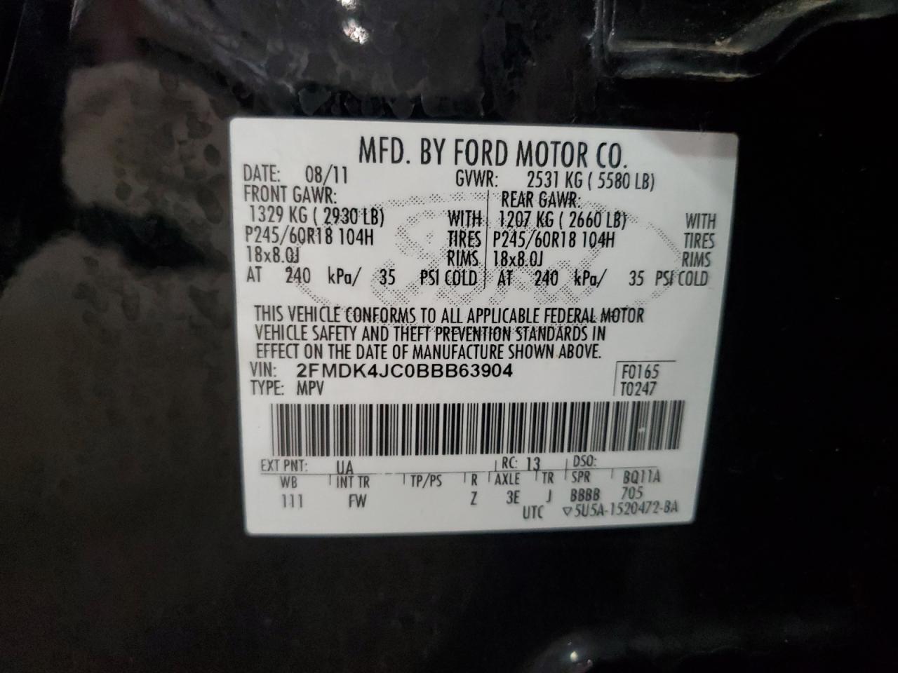 2011 Ford Edge Sel VIN: 2FMDK4JC0BBB63904 Lot: 83942945