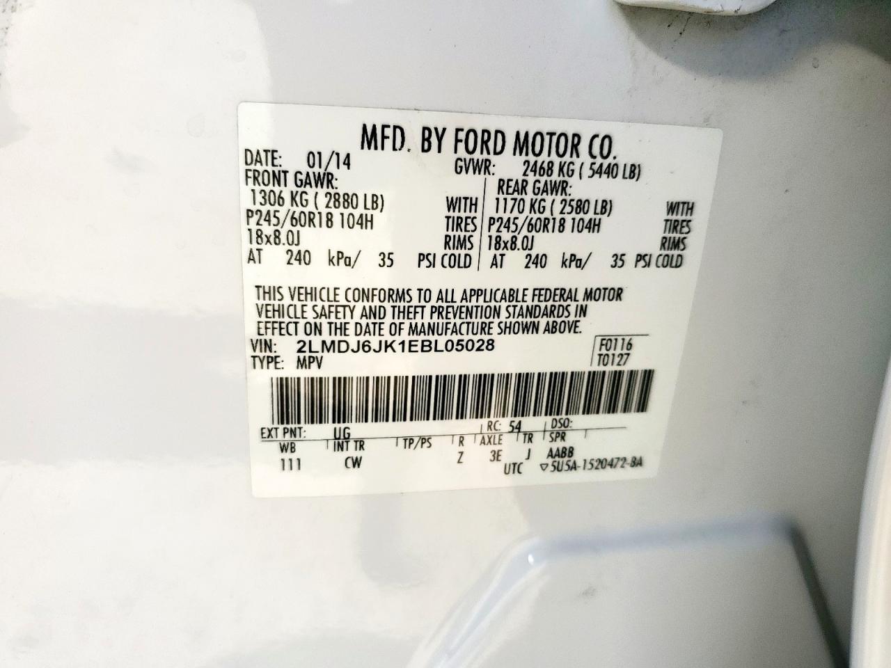 2014 Lincoln Mkx VIN: 2LMDJ6JK1EBL05028 Lot: 71677325