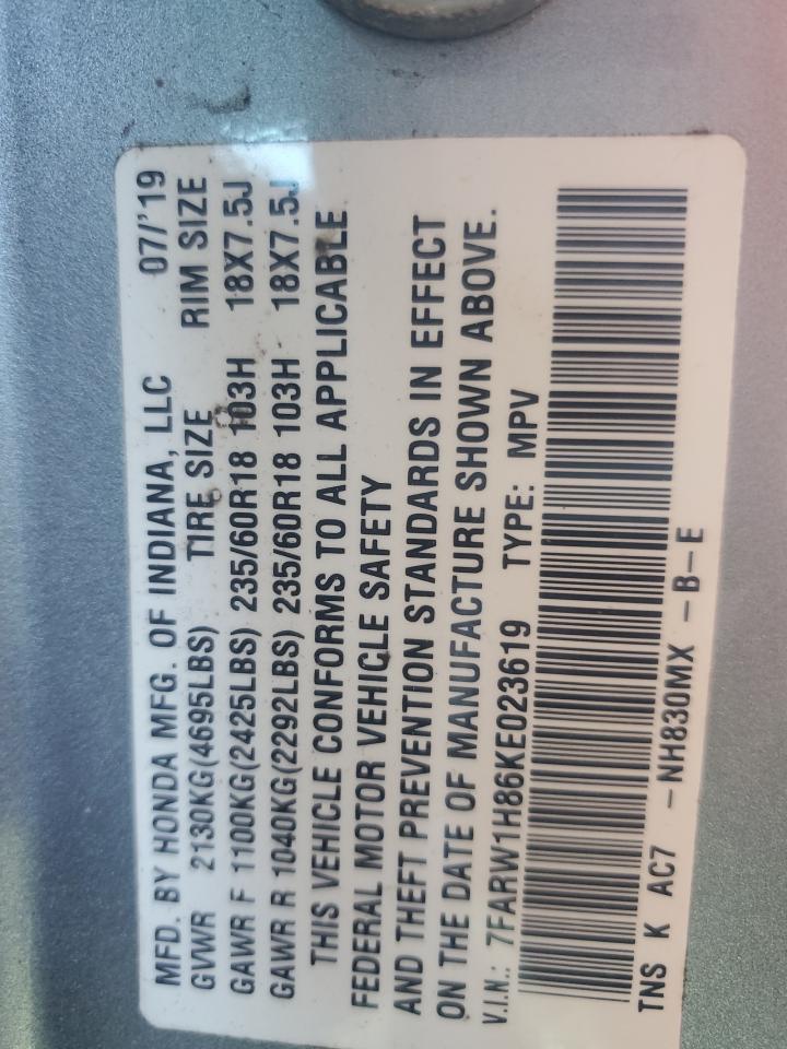 2019 Honda Cr-V Exl VIN: 7FARW1H86KE023619 Lot: 81372595