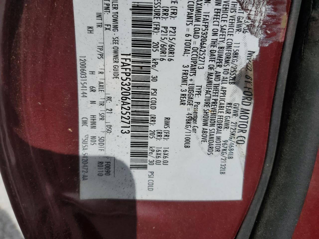 2006 Ford Taurus Se VIN: 1FAFP53206A252713 Lot: 84449685