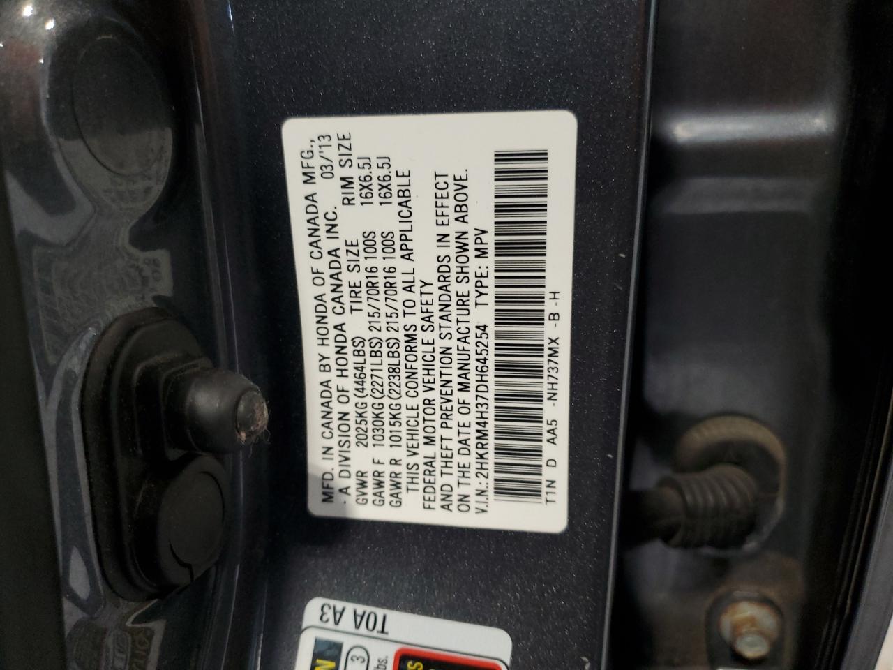 2013 Honda Cr-V Lx VIN: 2HKRM4H37DH645254 Lot: 81160695