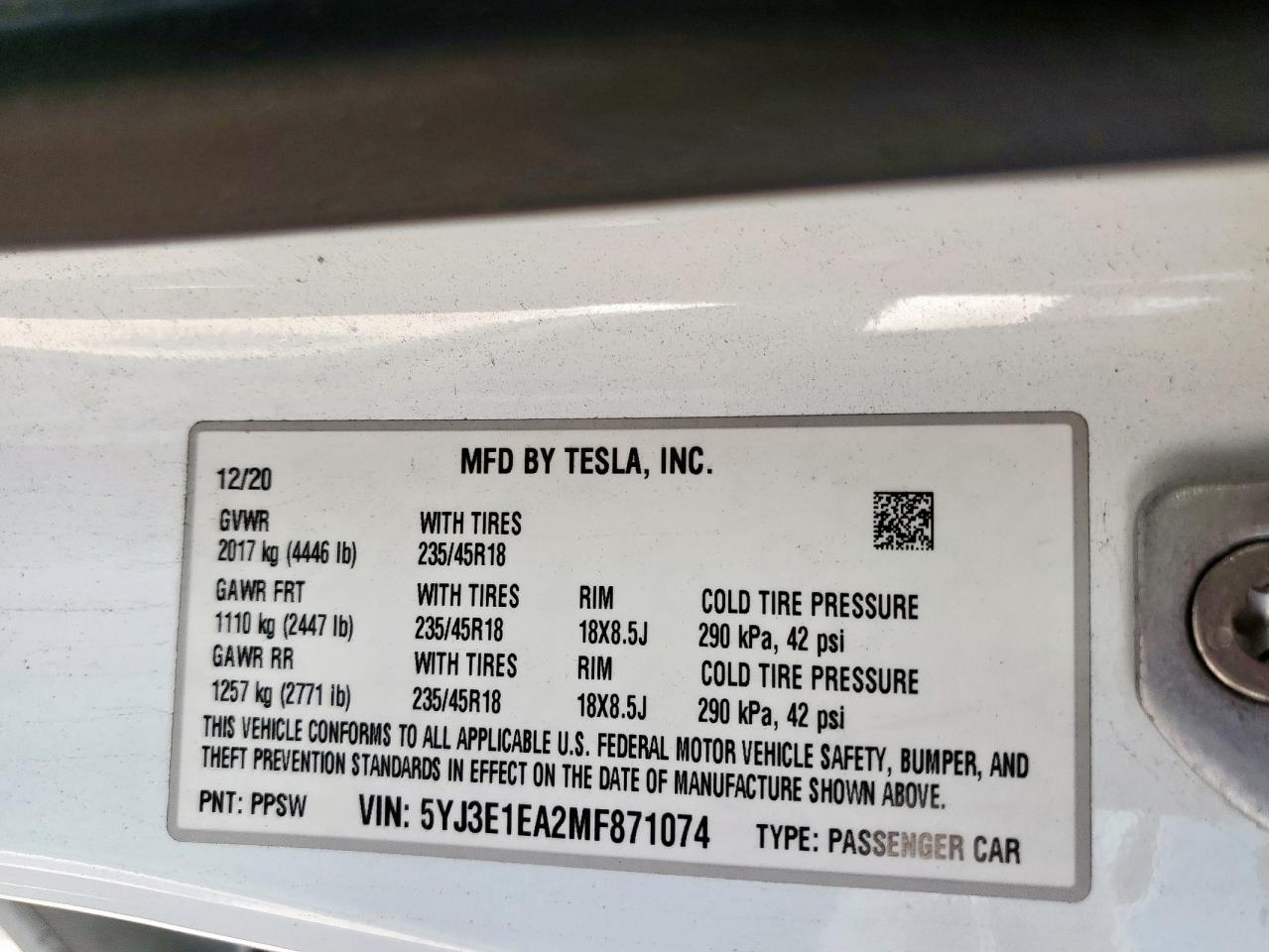 2021 Tesla Model 3 VIN: 5YJ3E1EA2MF871074 Lot: 81223795