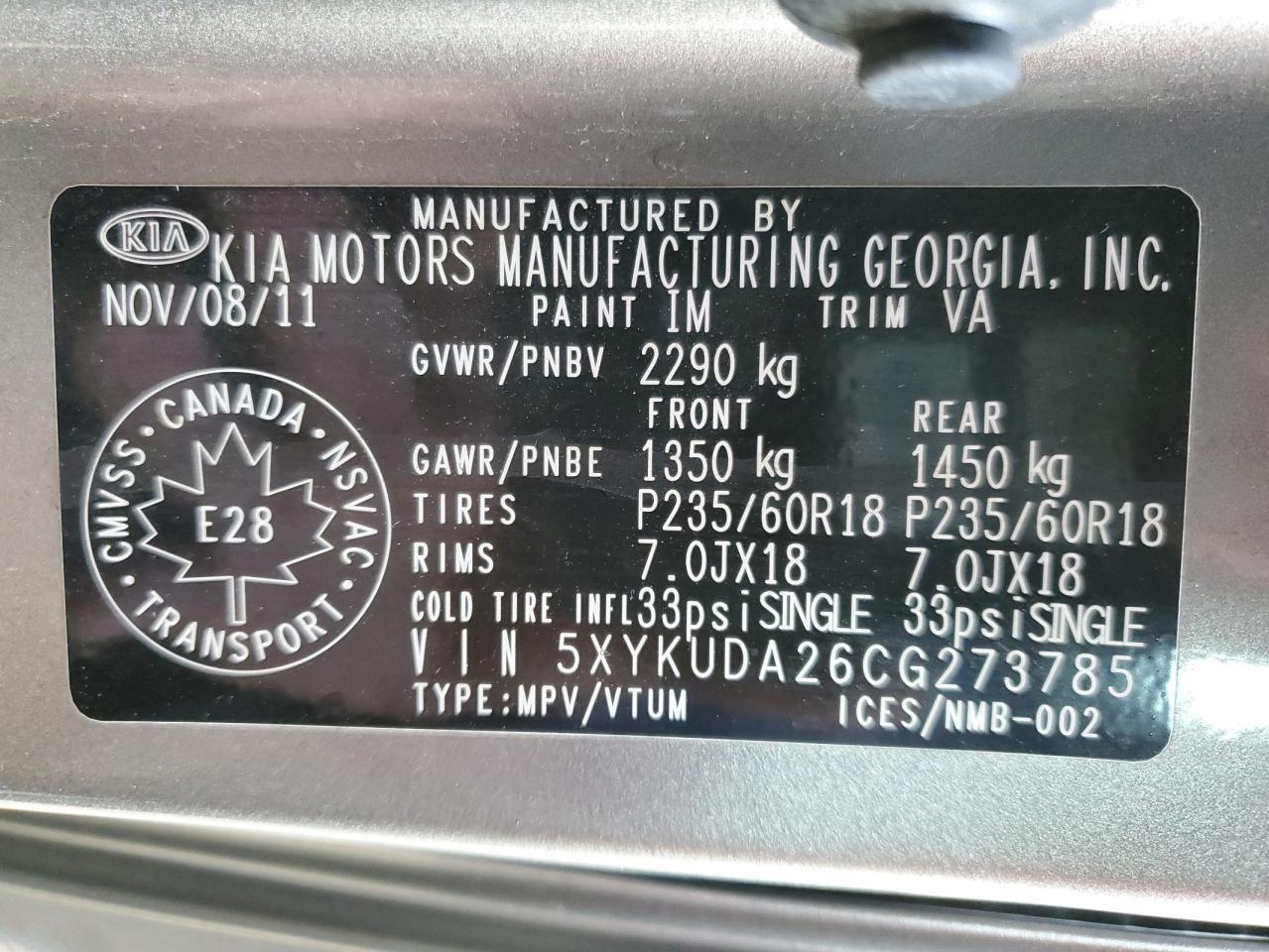 2012 Kia Sorento Ex VIN: 5XYKUDA26CG273785 Lot: 80663225