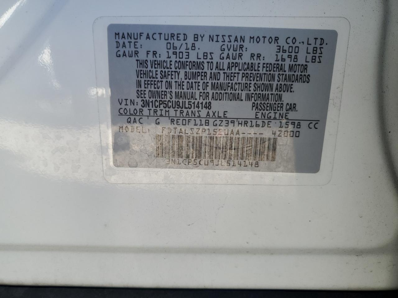 2018 Nissan Kicks S VIN: 3N1CP5CU9JL514148 Lot: 83964595
