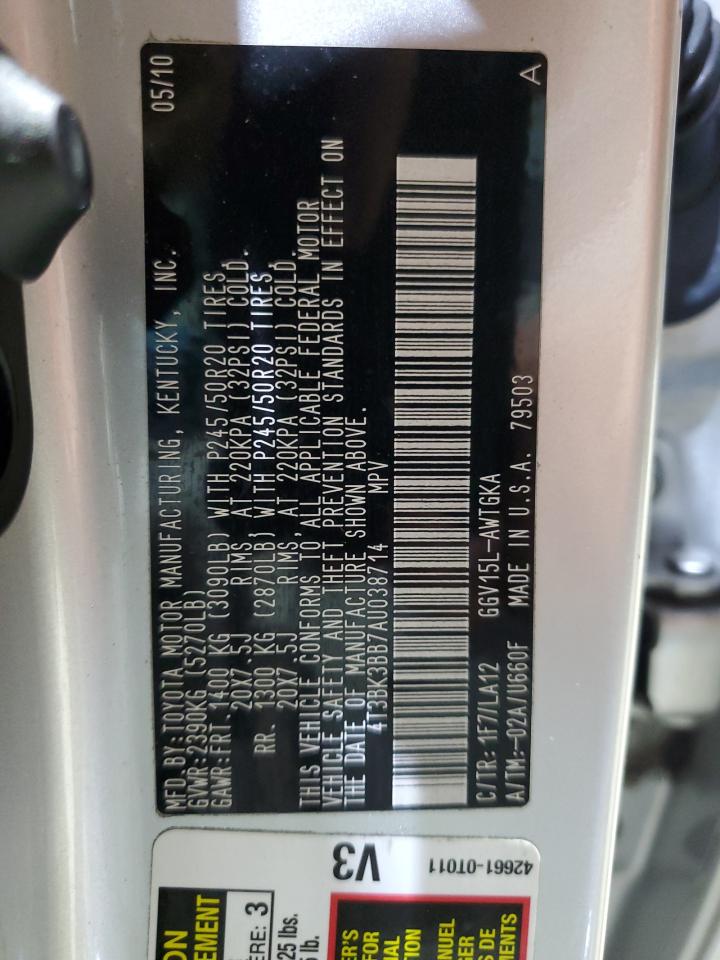 2010 Toyota Venza VIN: 4T3BK3BB7AU038714 Lot: 84051145