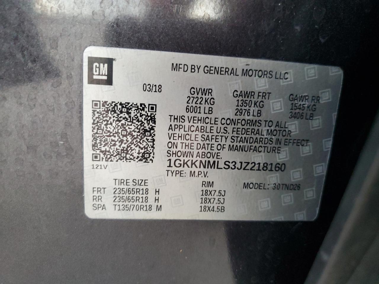 2018 GMC Acadia Slt-1 VIN: 1GKKNMLS3JZ218160 Lot: 84406395