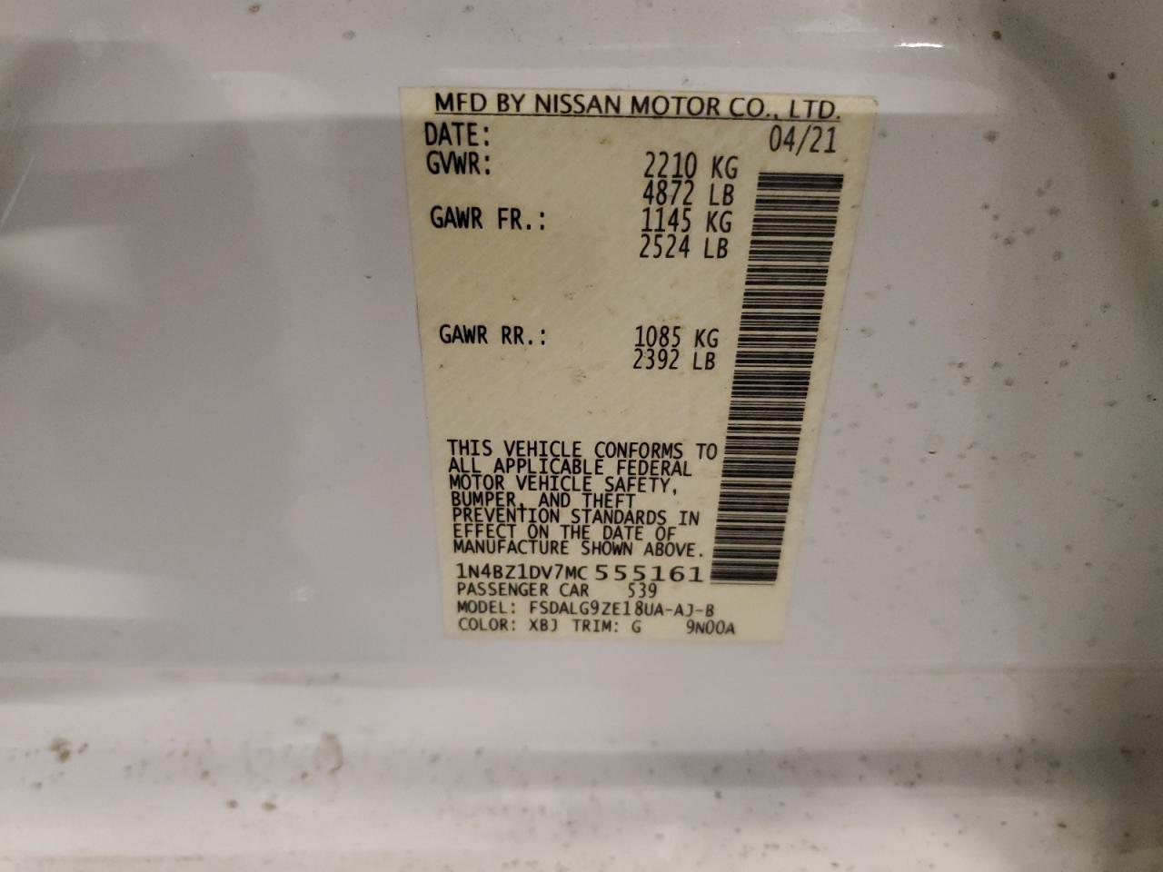 2021 Nissan Leaf Sl Plus VIN: 1N4BZ1DV7MC555161 Lot: 71459915