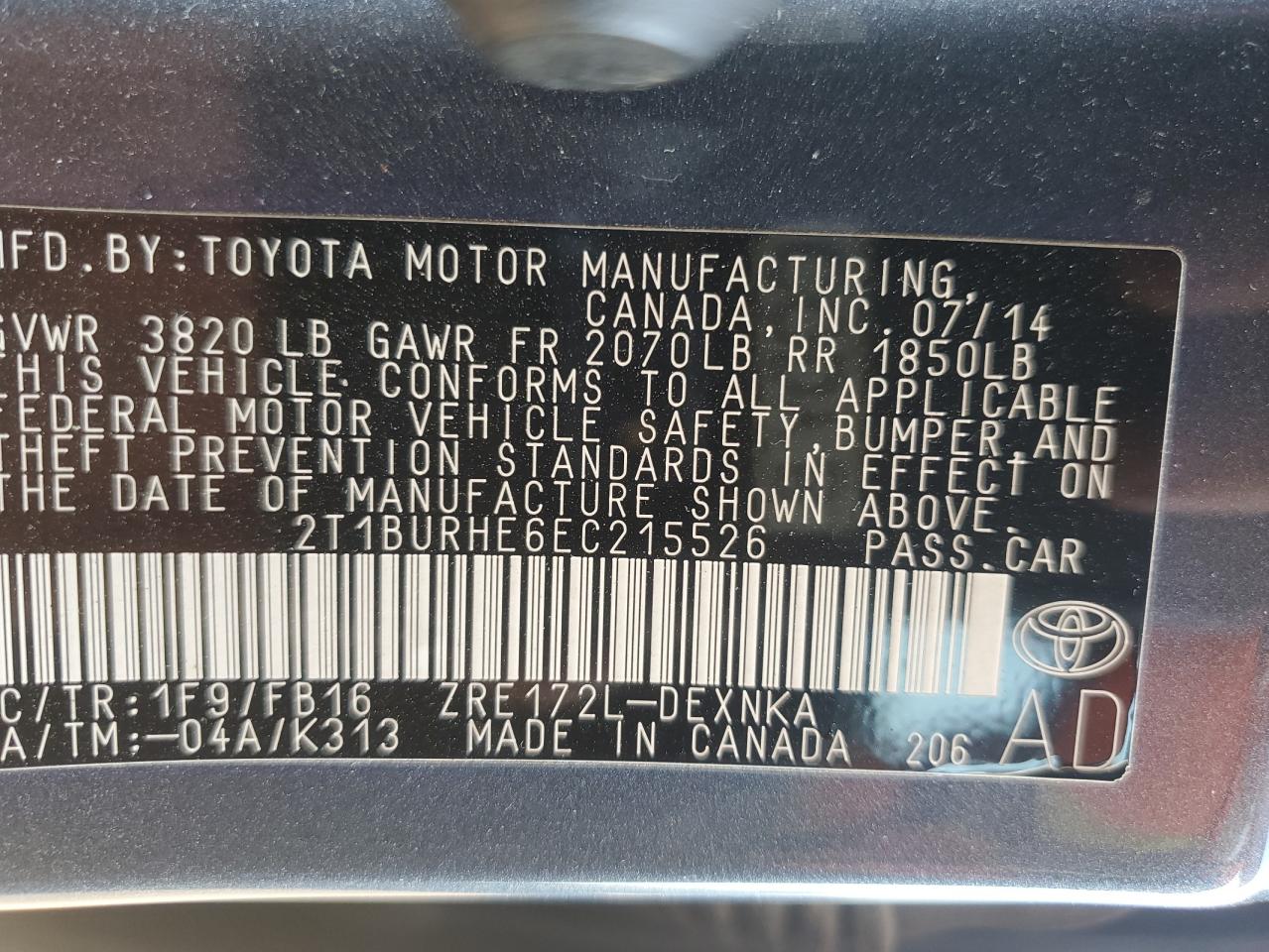2014 Toyota Corolla L VIN: 2T1BURHE6EC215526 Lot: 80396535