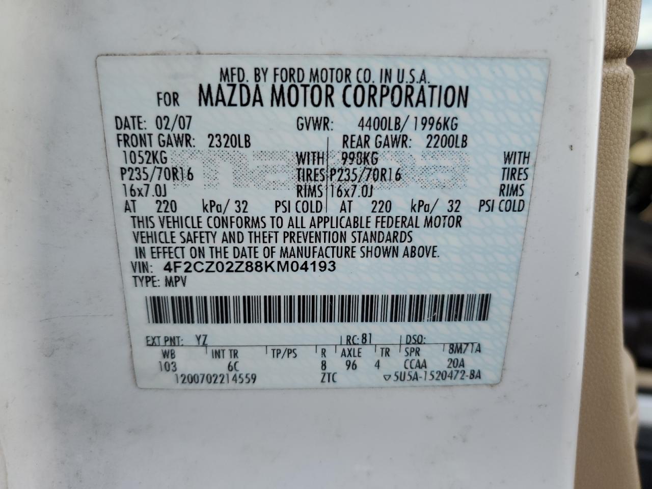 2008 Mazda Tribute I VIN: 4F2CZ02Z88KM04193 Lot: 71690645