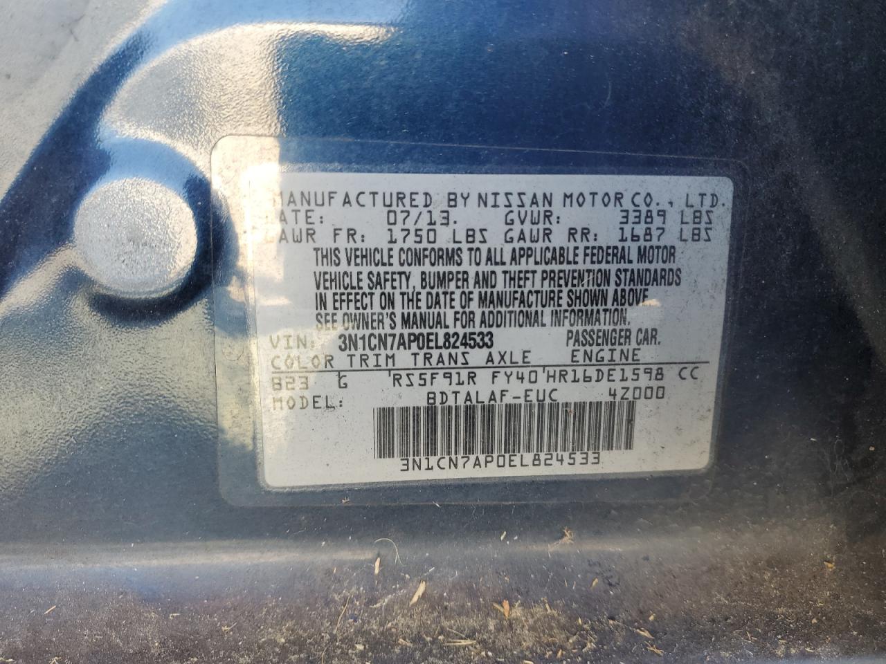 2014 Nissan Versa S VIN: 3N1CN7AP0EL824533 Lot: 67174755