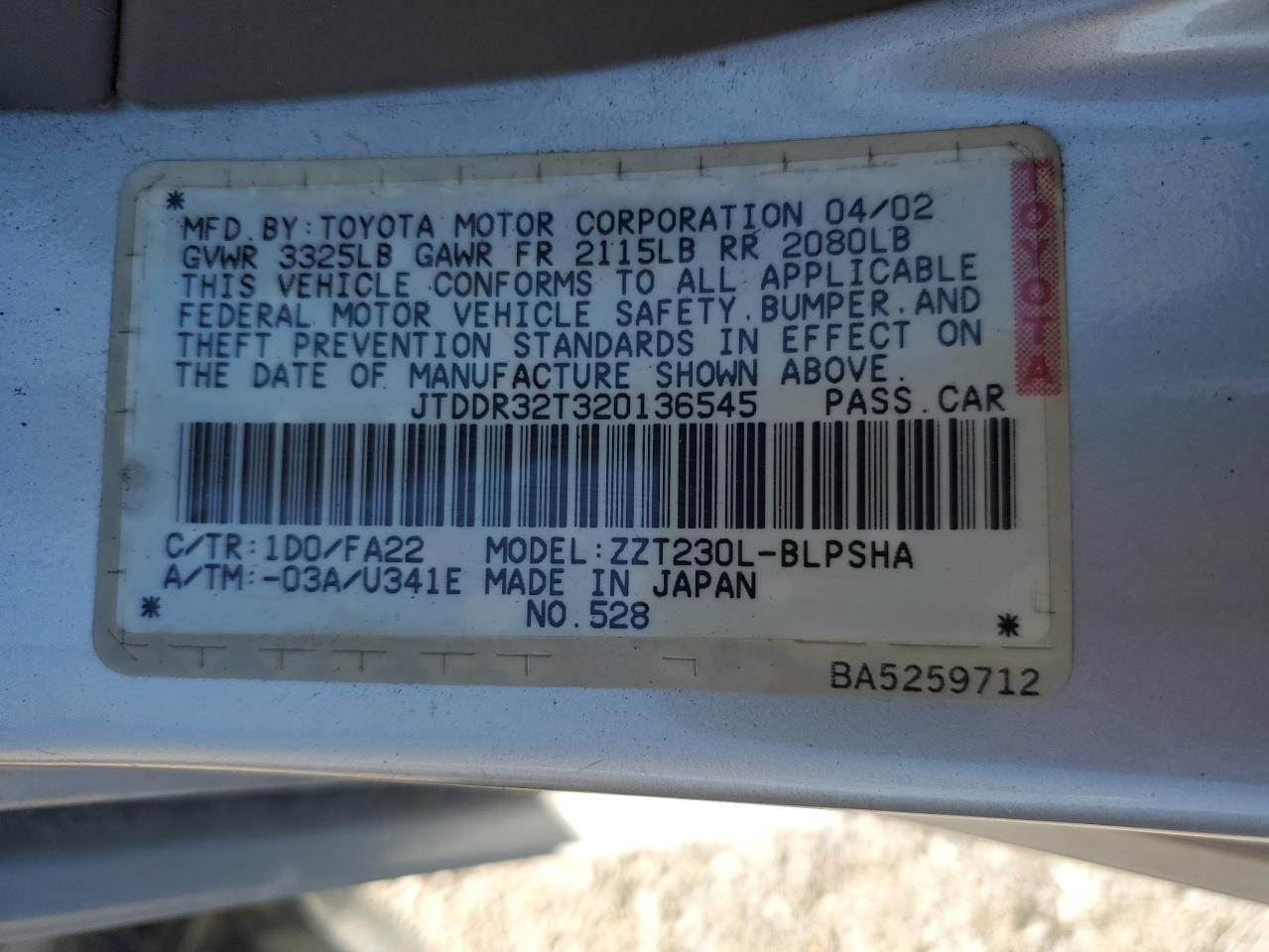 2002 Toyota Celica Gt VIN: JTDDR32T320136545 Lot: 84474555