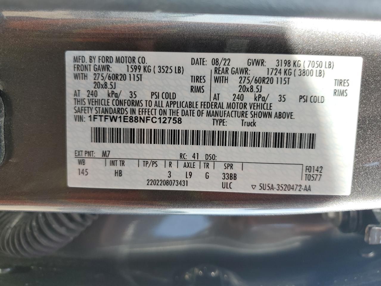 2022 Ford F150 Supercrew VIN: 1FTFW1E88NFC12758 Lot: 72069185