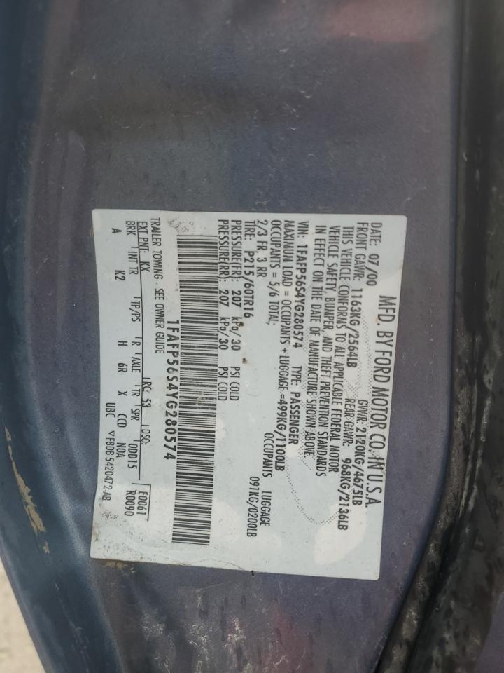 2000 Ford Taurus Sel VIN: 1FAFP56S4YG280574 Lot: 80033675