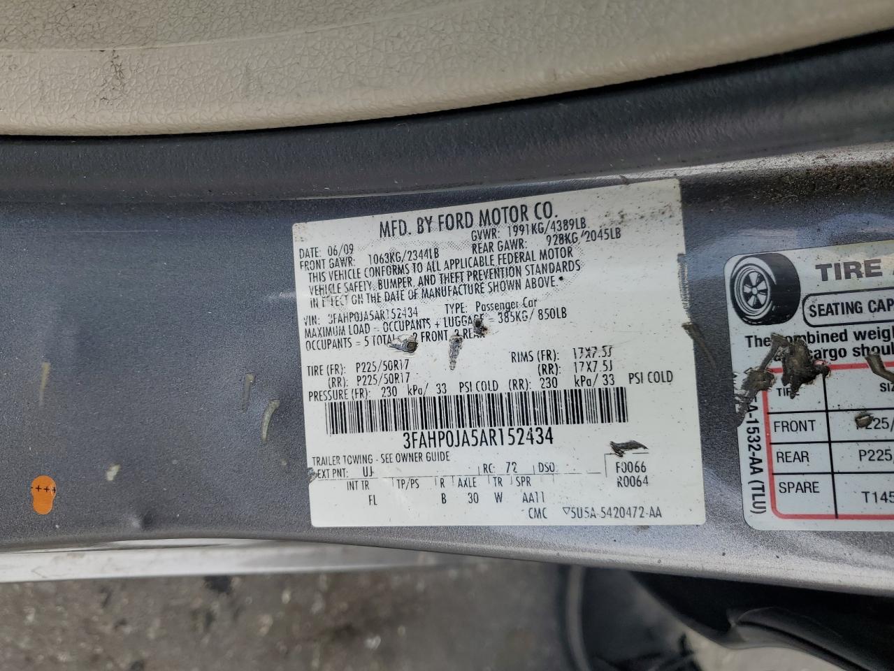 2010 Ford Fusion Sel VIN: 3FAHP0JA5AR152434 Lot: 83949165