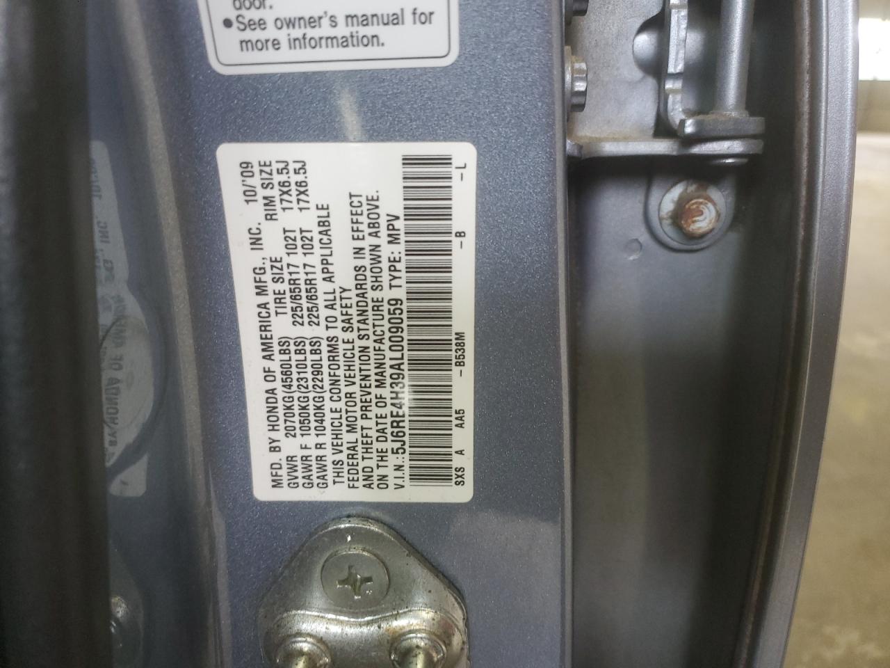 2010 Honda Cr-V Lx VIN: 5J6RE4H39AL009059 Lot: 80157845