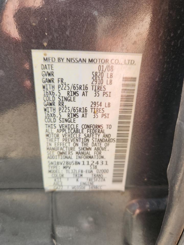 2008 Nissan Quest S VIN: 5N1BV28U58N112431 Lot: 71751505