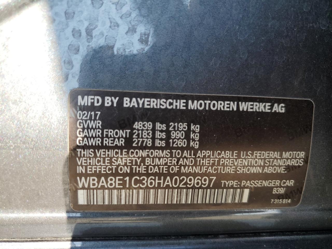 2017 BMW 330E VIN: WBA8E1C36HA029697 Lot: 81639465