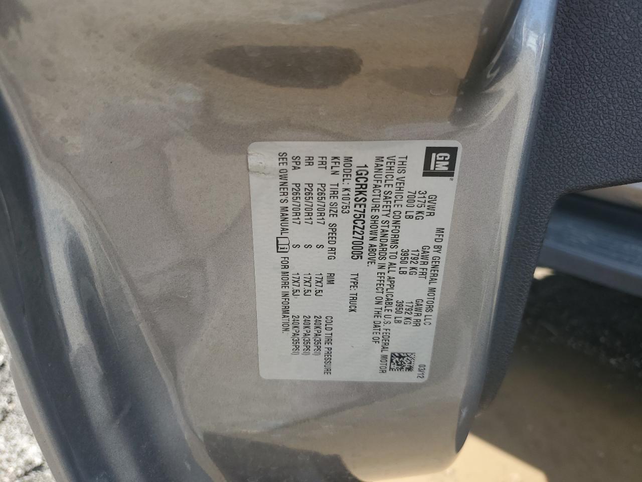 2012 Chevrolet Silverado K1500 Lt VIN: 1GCRKSE75CZ270005 Lot: 80854905